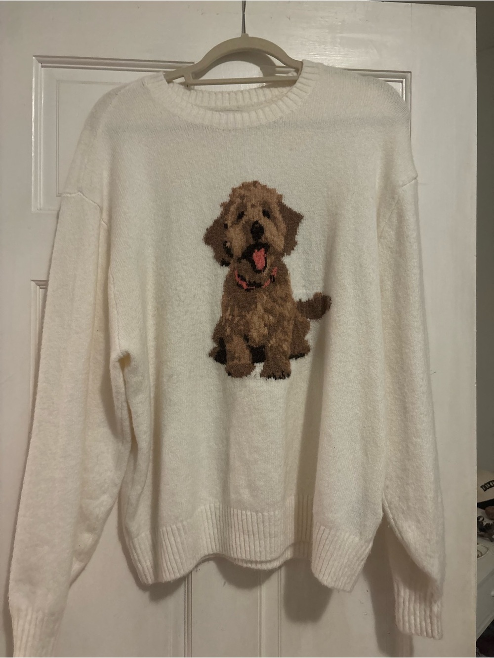 Hollister Cream Crewneck Sweater with Brown Puppy Motif